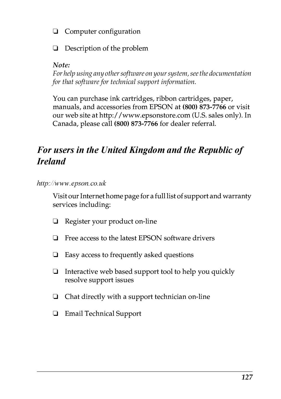 Epson LQ-300+ manual For users in the United Kingdom and the Republic of Ireland, 127 