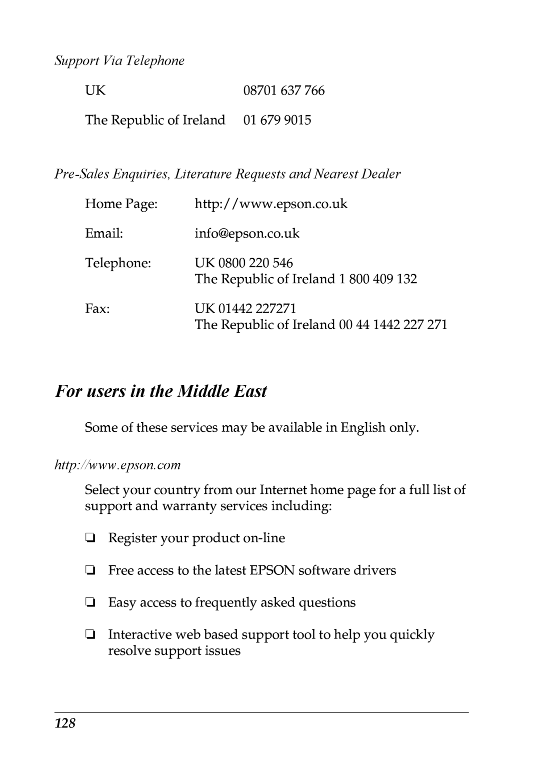 Epson LQ-300+ manual For users in the Middle East, Support Via Telephone, 128 