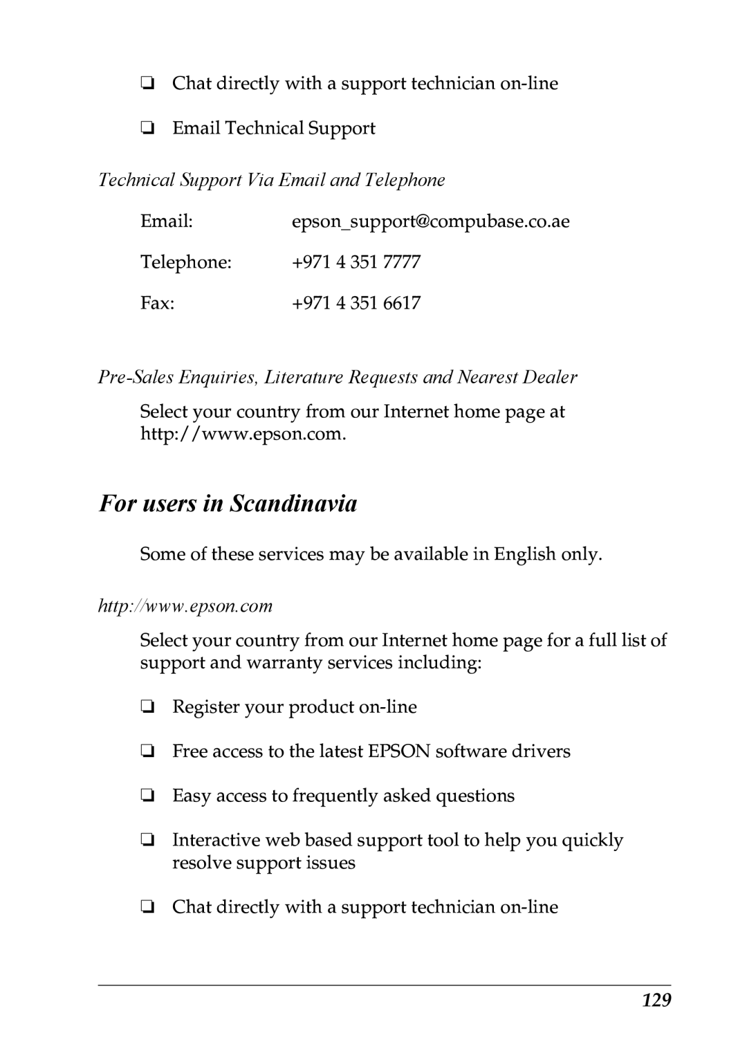 Epson LQ-300+ manual For users in Scandinavia, Technical Support Via Email and Telephone, 129 