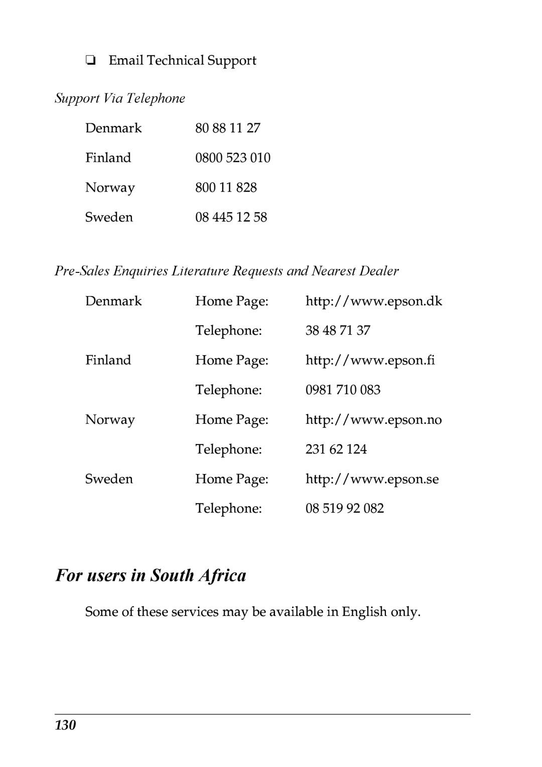 Epson LQ-300+ manual For users in South Africa, Pre-Sales Enquiries Literature Requests and Nearest Dealer, 130 