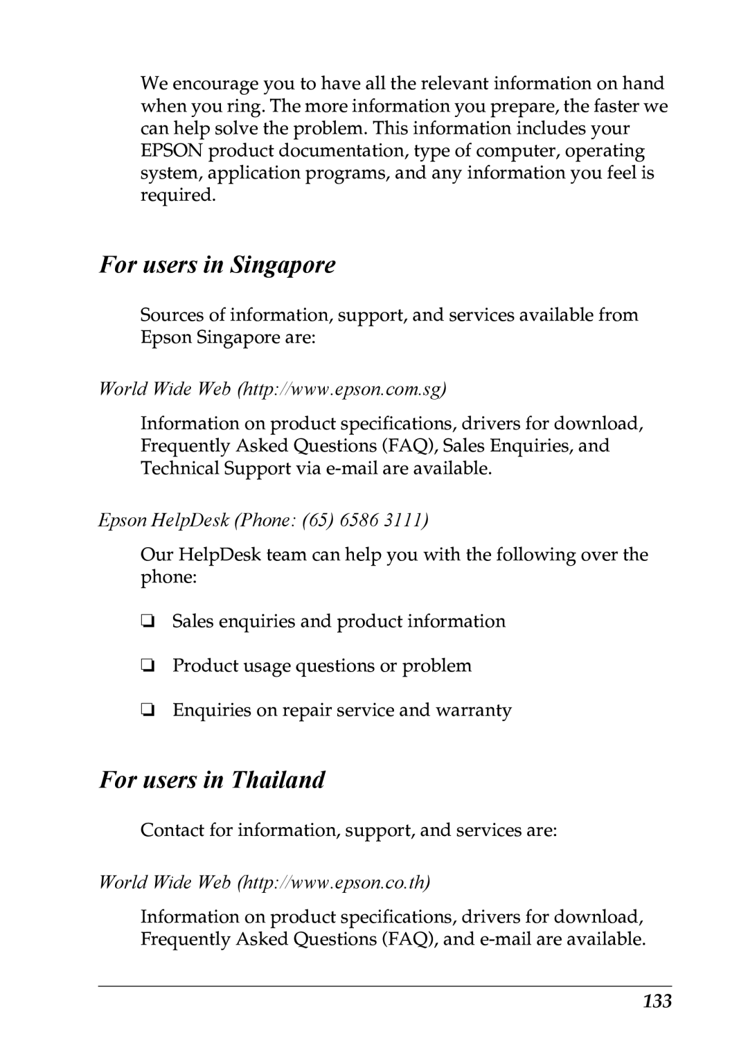 Epson LQ-300+ manual For users in Singapore, For users in Thailand, Epson HelpDesk Phone 65 6586, 133 