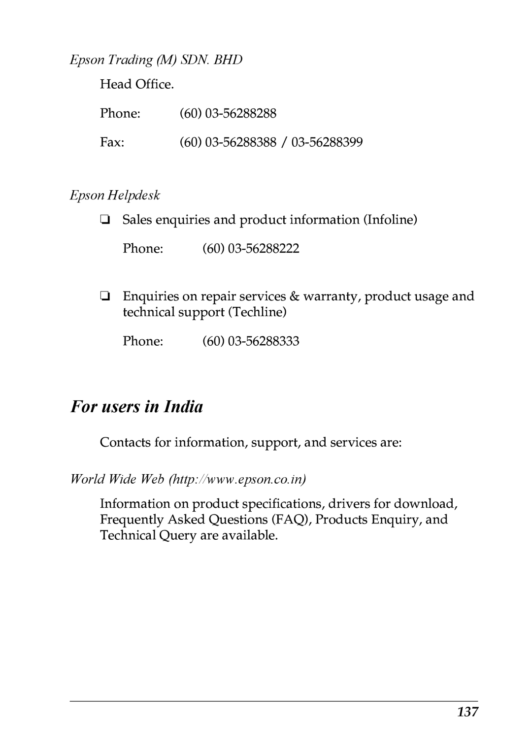 Epson LQ-300+ manual For users in India, Epson Trading M SDN. BHD, 137 