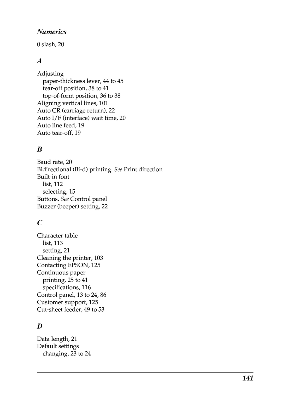 Epson LQ-300+ manual Numerics, 141 