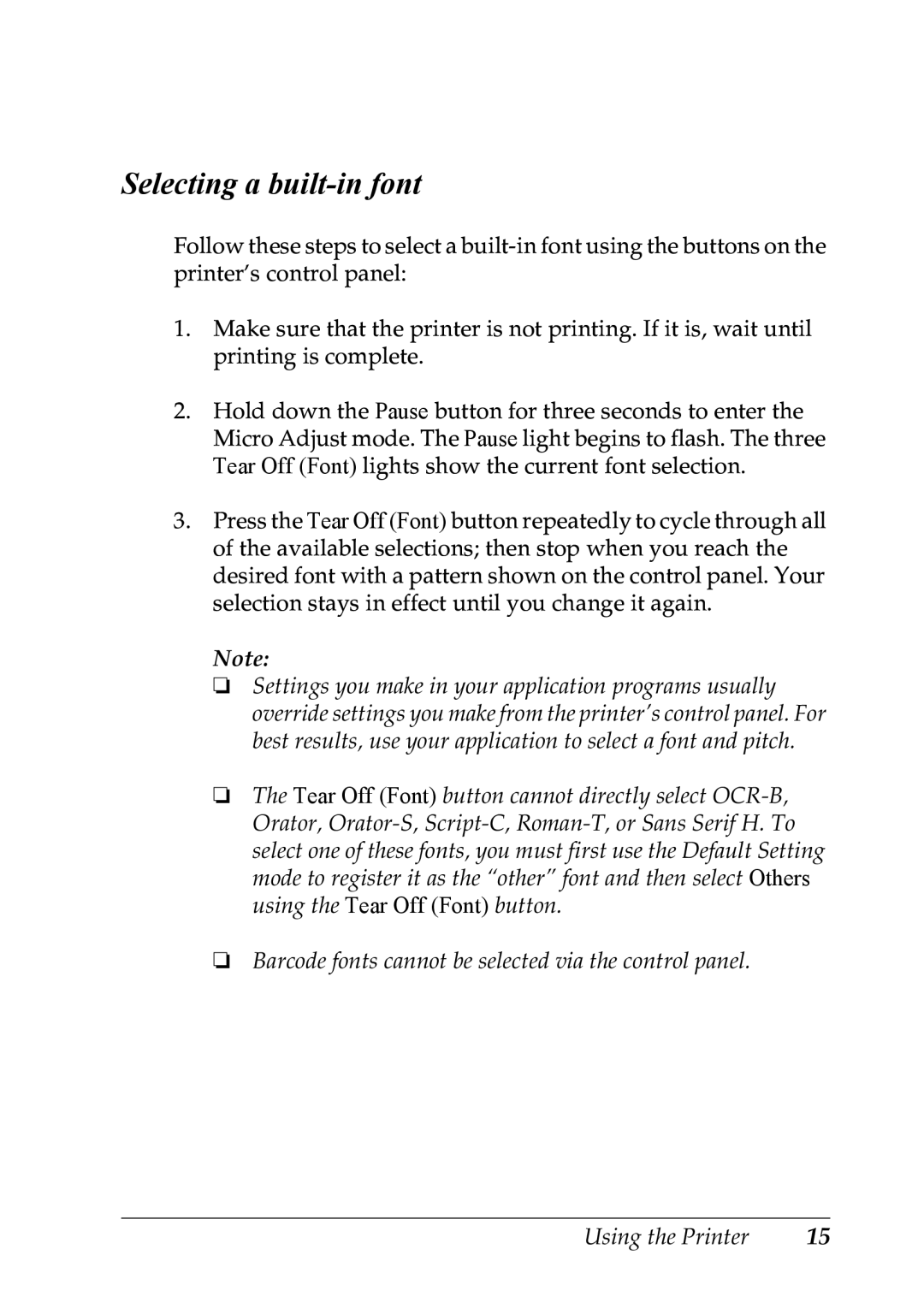 Epson LQ-300+ manual Selecting a built-in font 