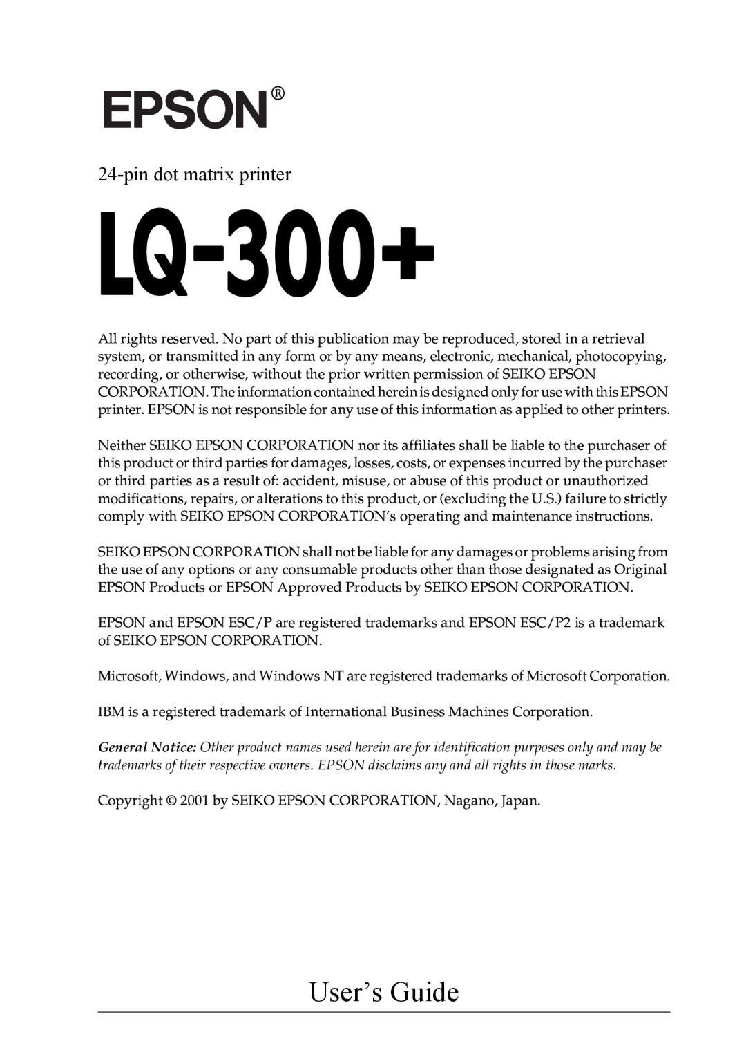 Epson LQ-300+ manual User’s Guide 