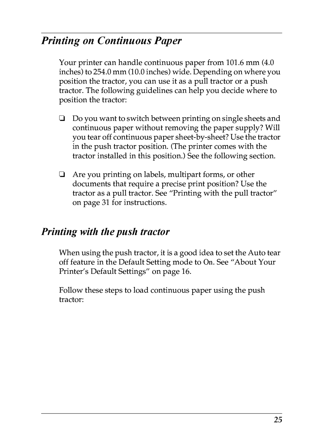 Epson LQ-300+ manual Printing on Continuous Paper, Printing with the push tractor 