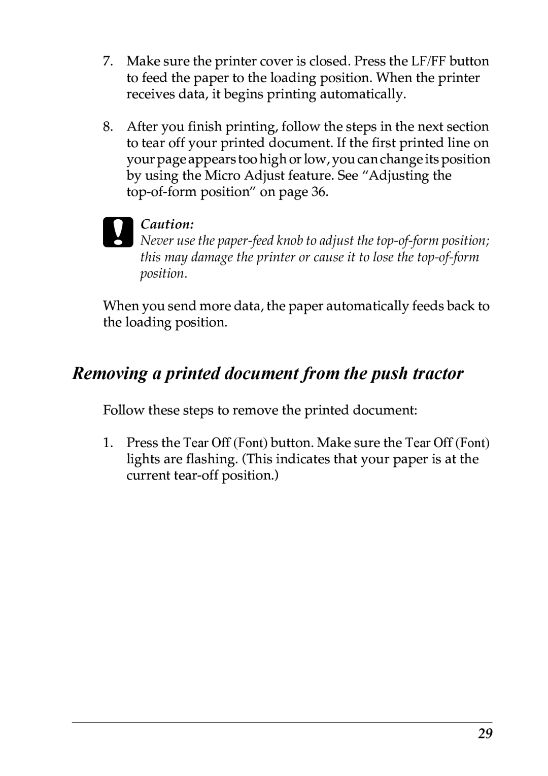 Epson LQ-300+ manual Removing a printed document from the push tractor 