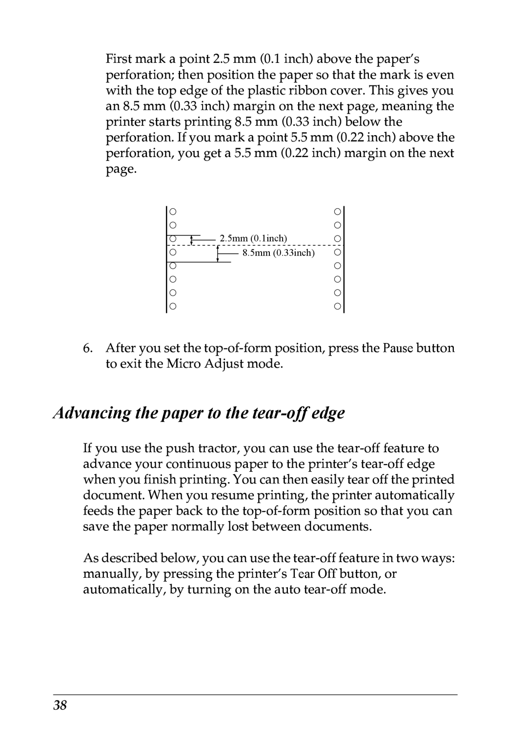 Epson LQ-300+ manual Advancing the paper to the tear-off edge 