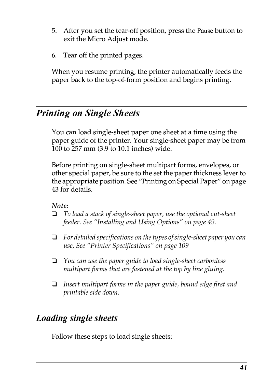 Epson LQ-300+ manual Printing on Single Sheets, Loading single sheets 