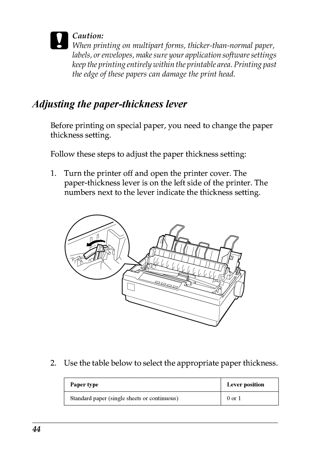 Epson LQ-300+ manual Adjusting the paper-thickness lever 