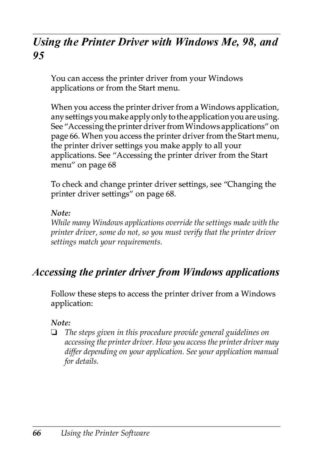 Epson LQ-300+ manual Using the Printer Driver with Windows Me, 98, Accessing the printer driver from Windows applications 