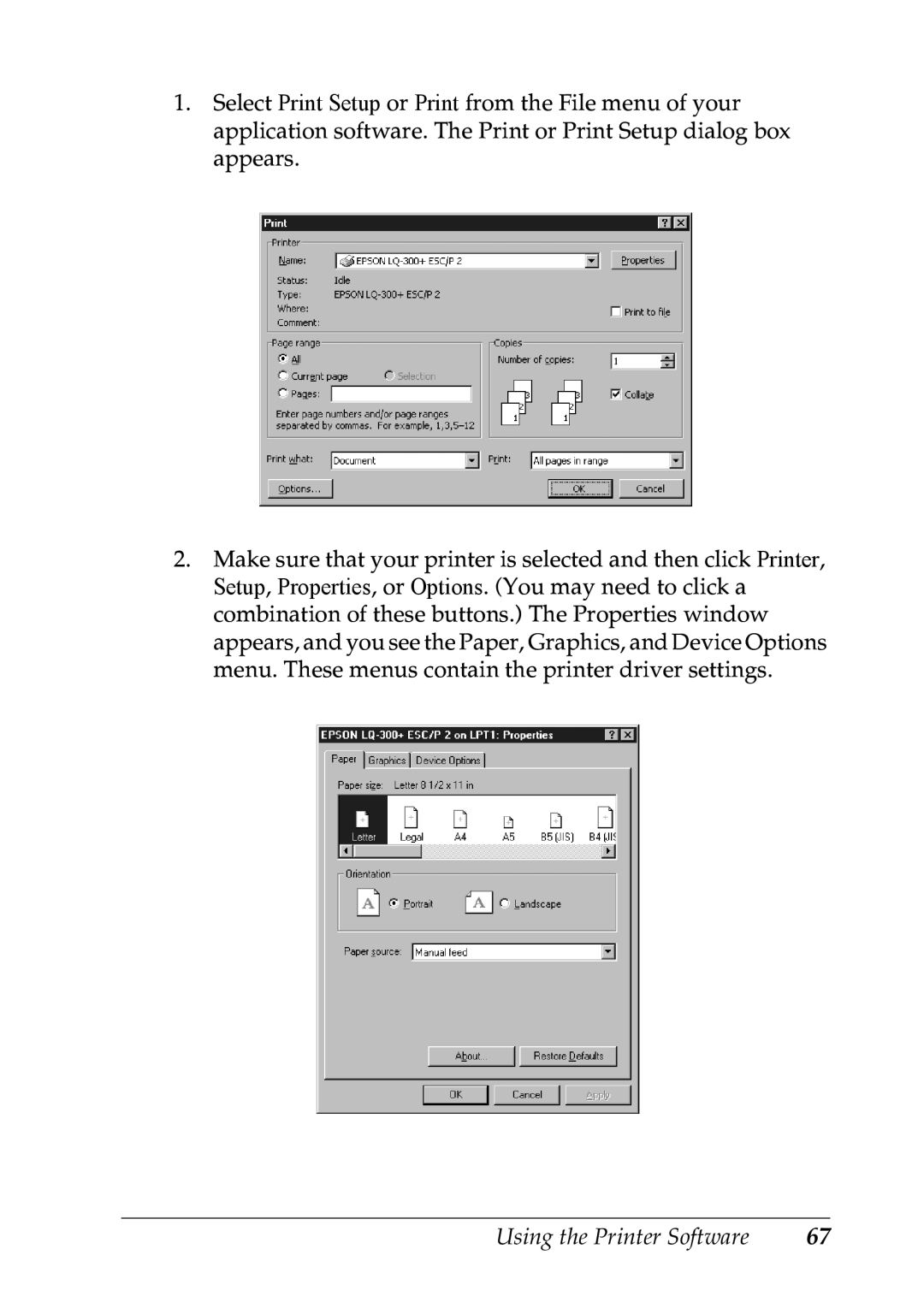 Epson LQ-300+ manual Using the Printer Software 