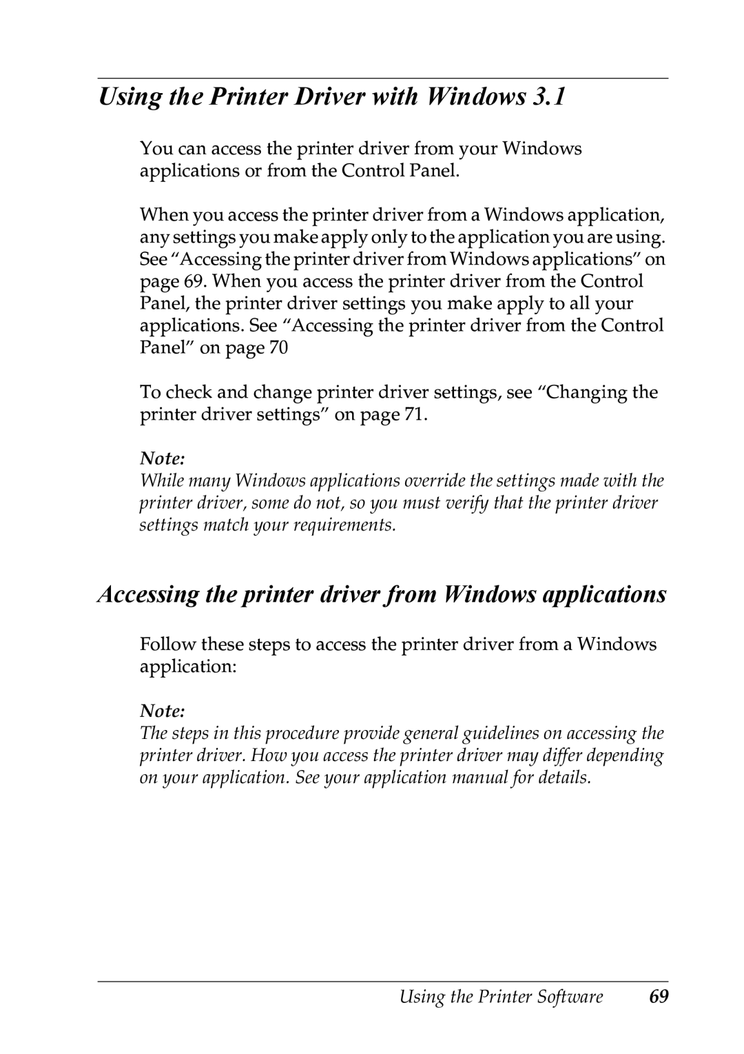 Epson LQ-300+ manual Using the Printer Driver with Windows, Accessing the printer driver from Windows applications 
