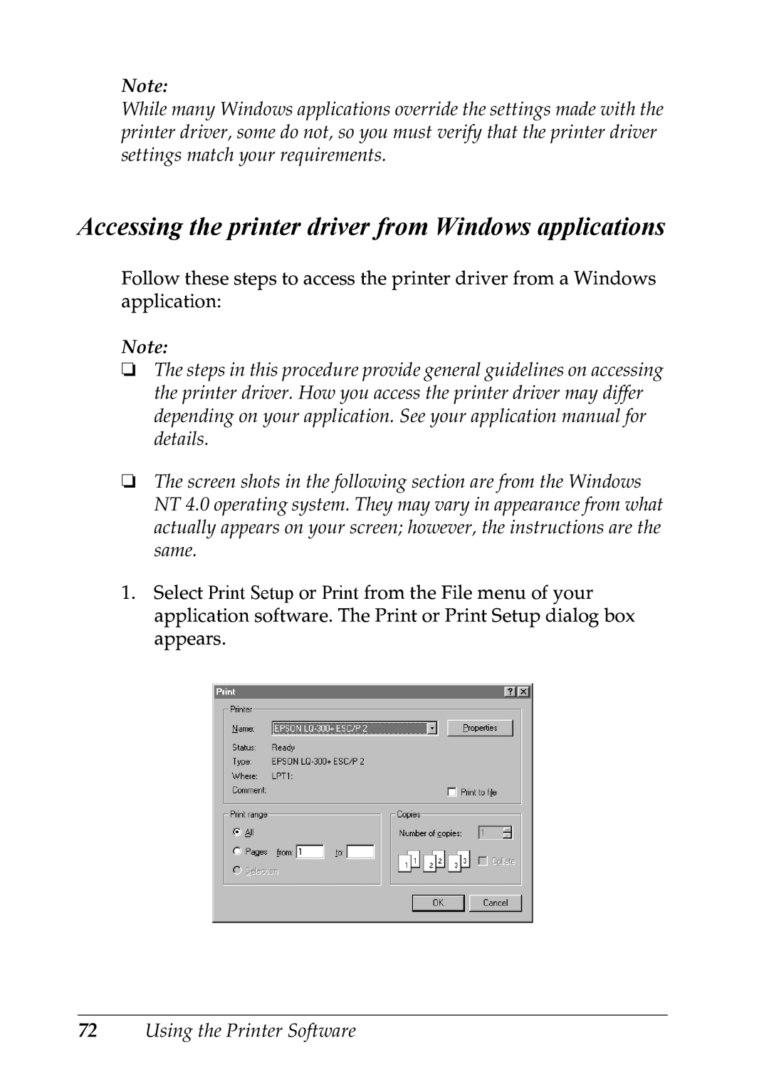 Epson LQ-300+ manual Accessing the printer driver from Windows applications 