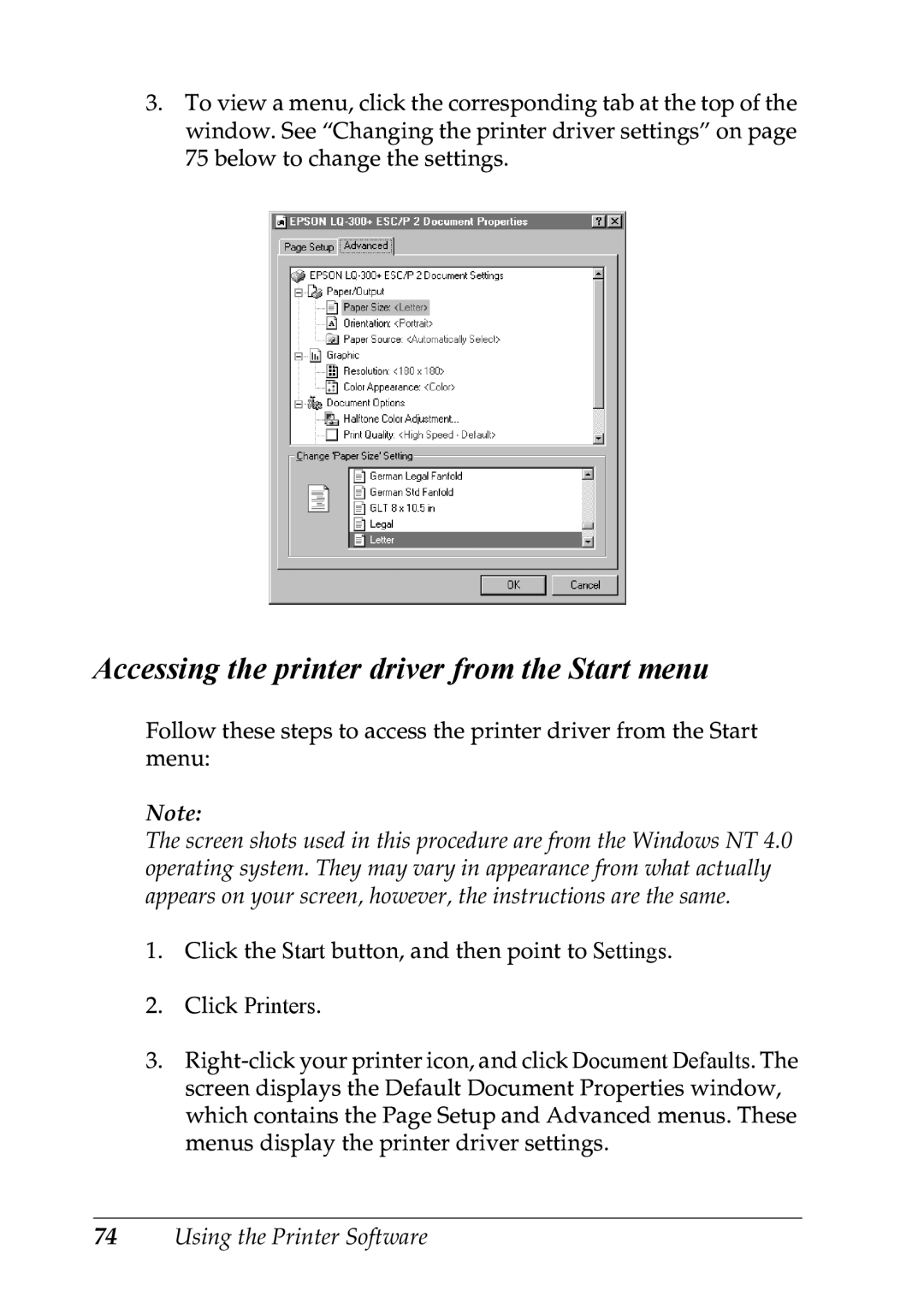 Epson LQ-300+ manual Accessing the printer driver from the Start menu 