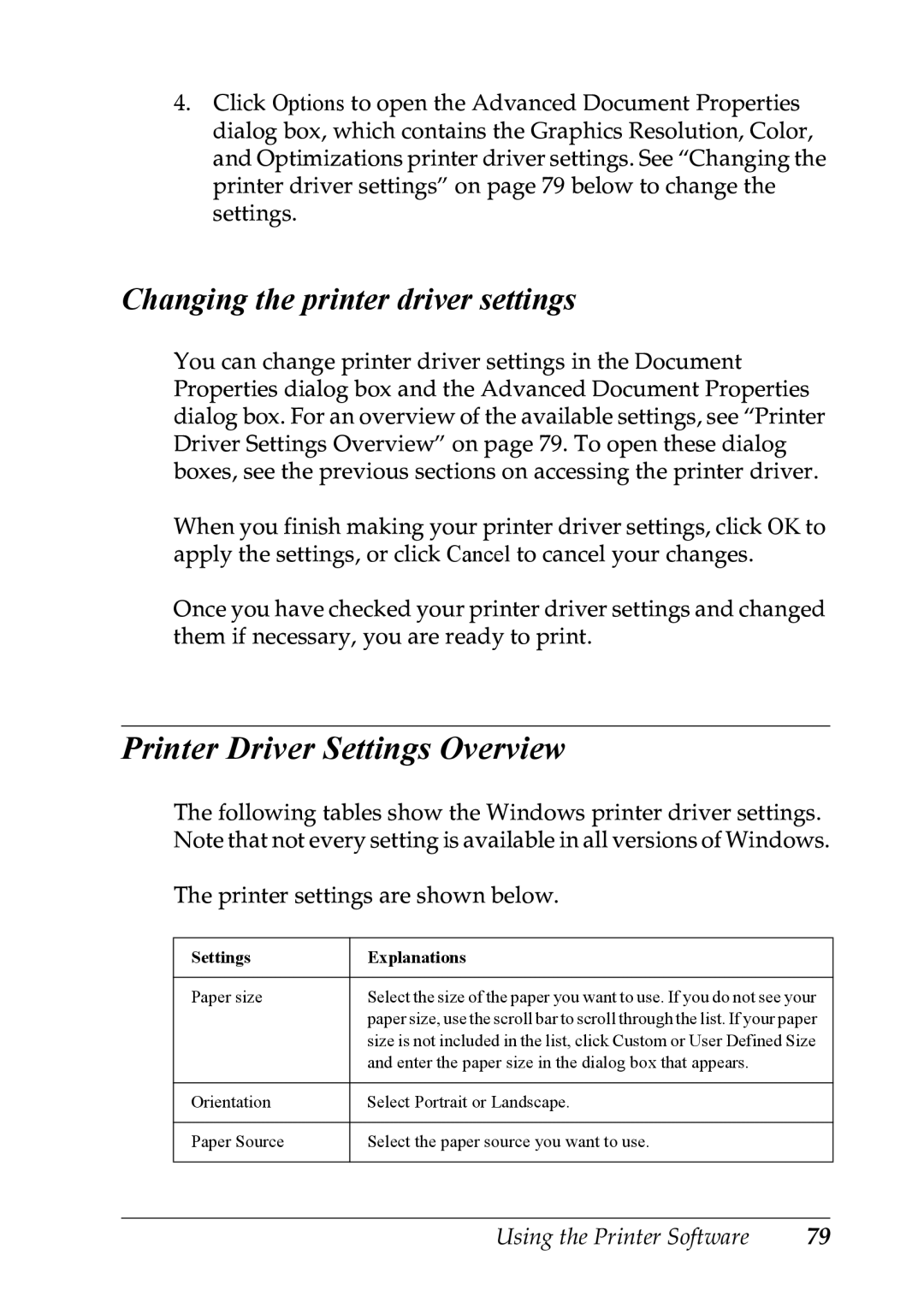 Epson LQ-300+ manual Printer Driver Settings Overview, Settings Explanations 