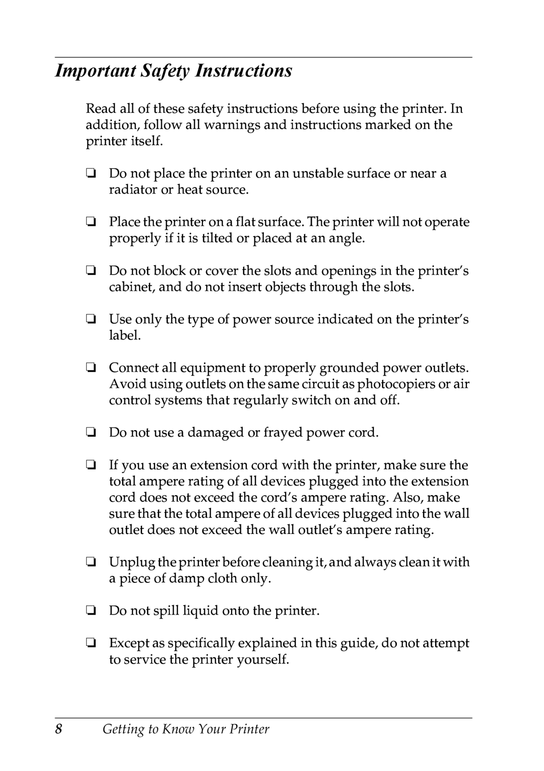 Epson LQ-300+ manual Important Safety Instructions 