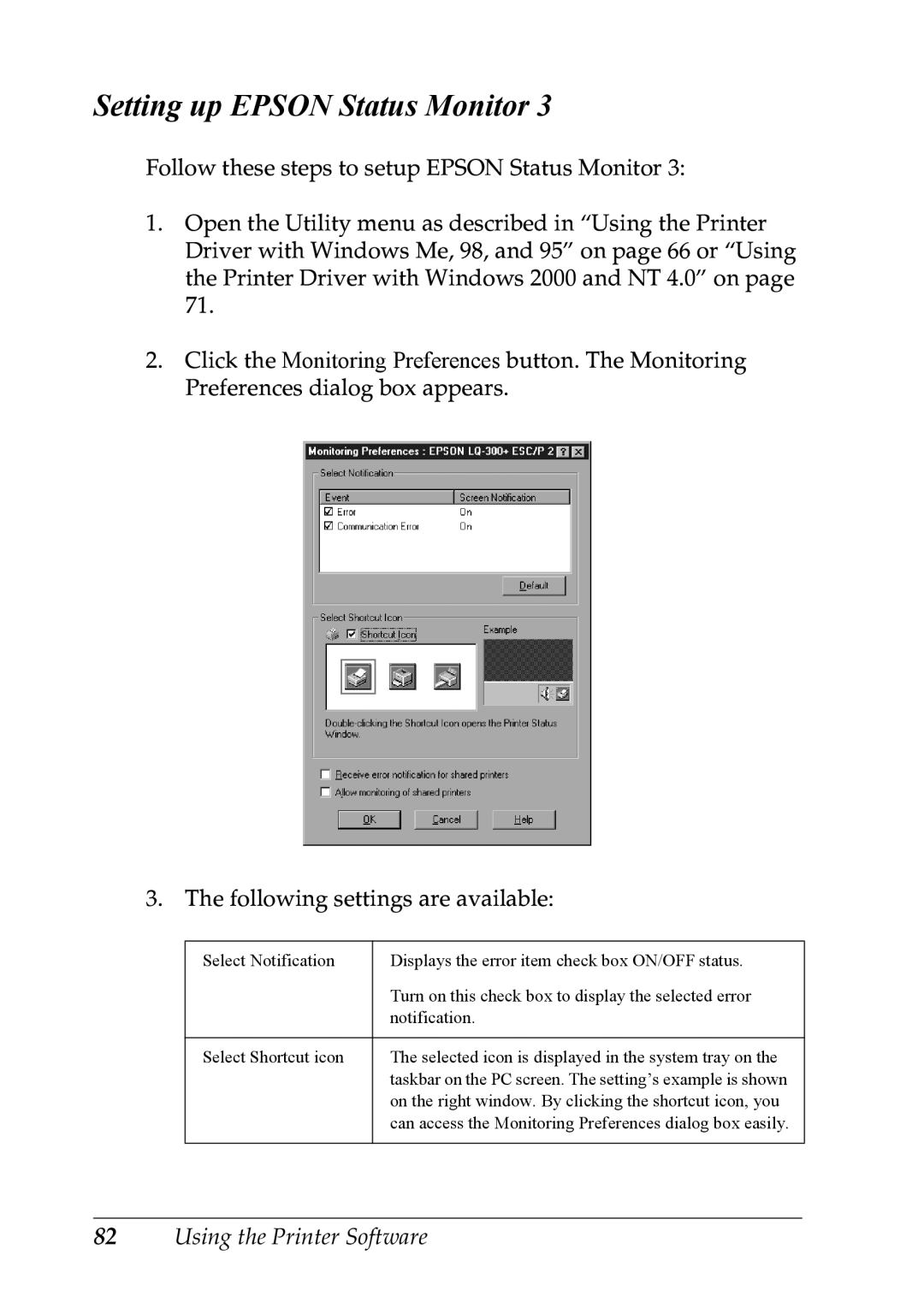 Epson LQ-300+ manual Setting up Epson Status Monitor 