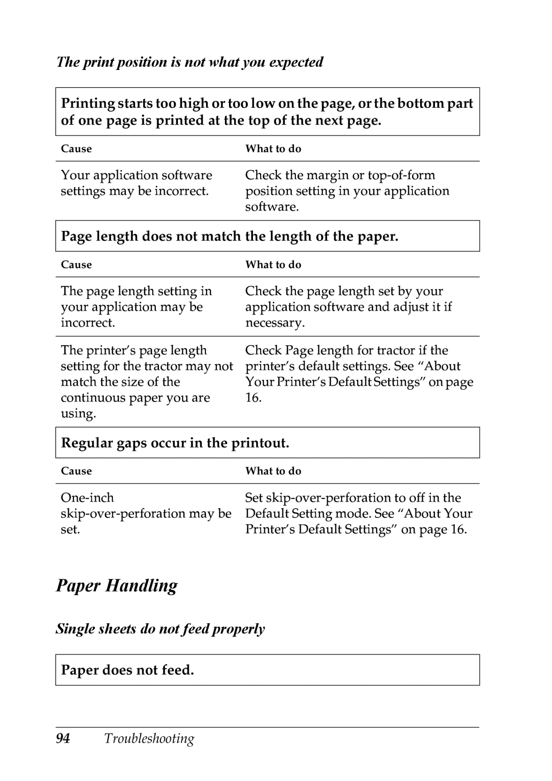 Epson LQ-300+ manual Paper Handling, Print position is not what you expected, Single sheets do not feed properly 