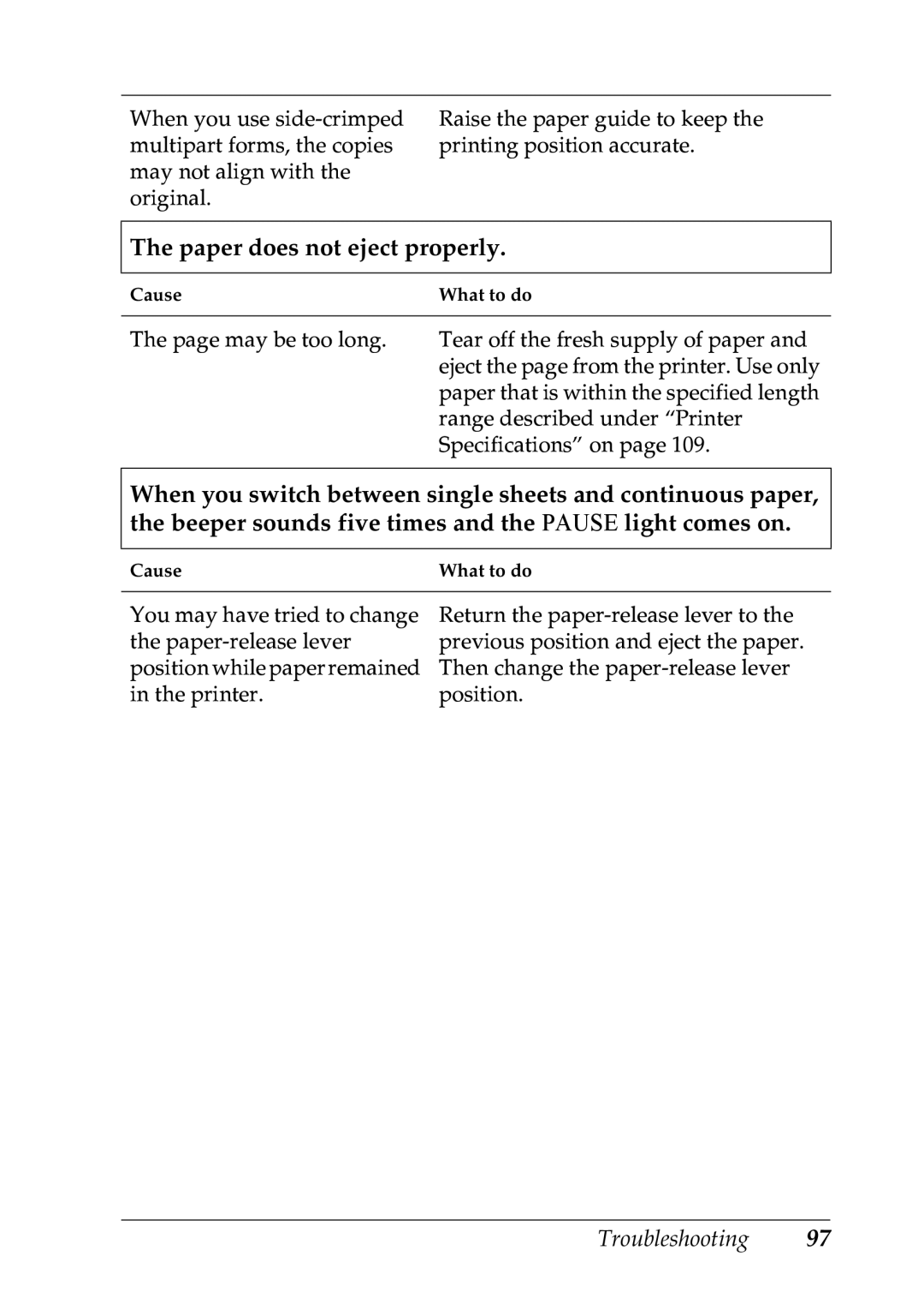 Epson LQ-300+ manual Paper does not eject properly 