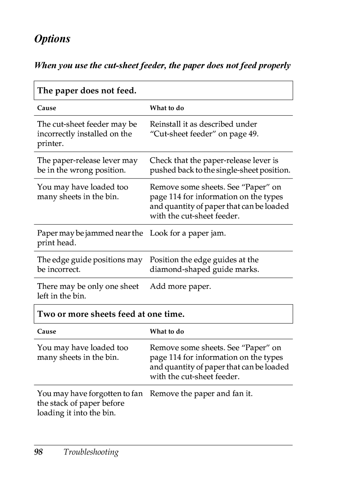 Epson LQ-300+ manual Options, Two or more sheets feed at one time 