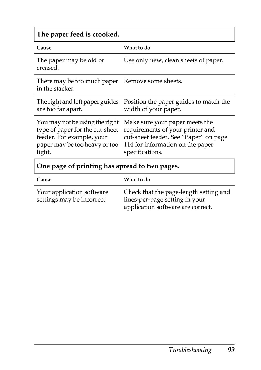 Epson LQ-300+ manual Paper feed is crooked, One page of printing has spread to two pages 