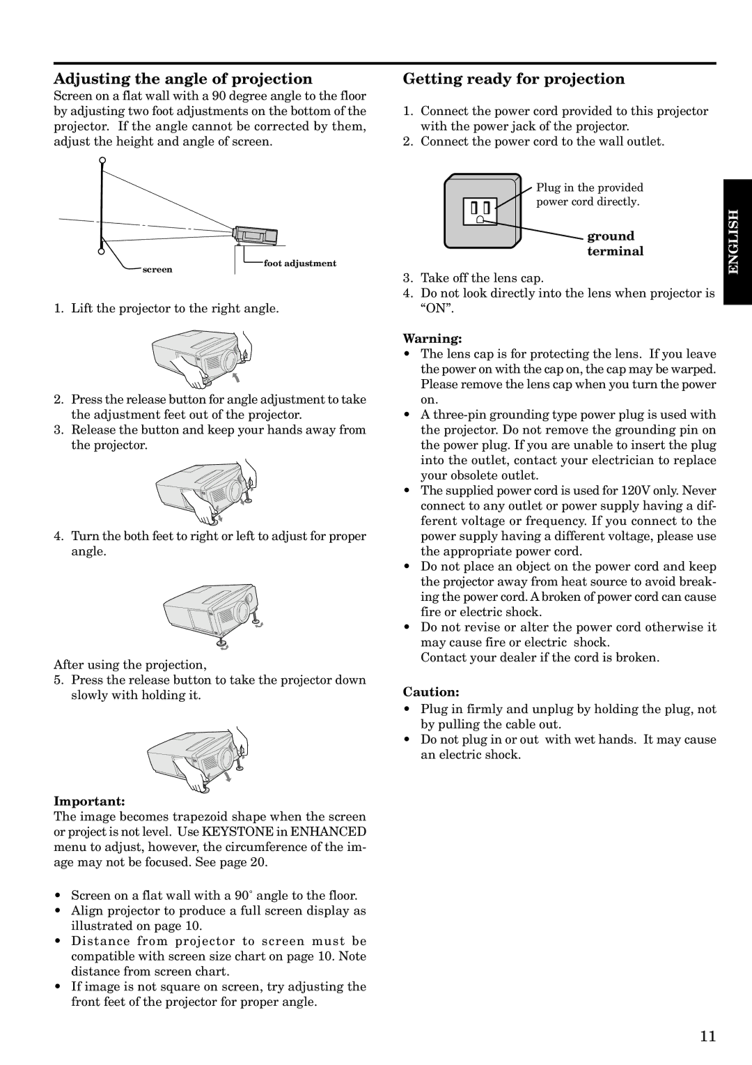 Epson LVP-X200A user manual Adjusting the angle of projection, Getting ready for projection, Ground terminal 