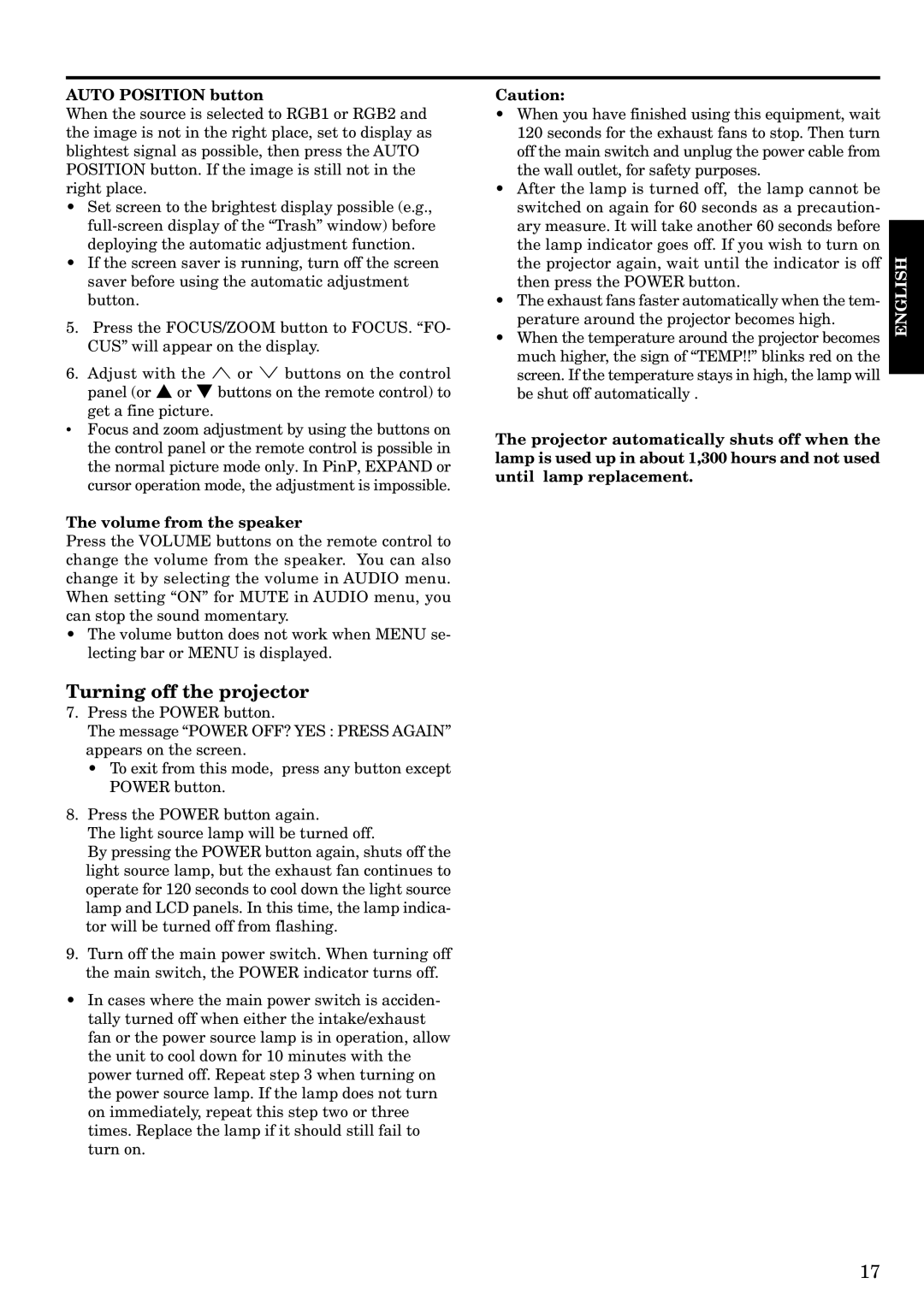 Epson LVP-X200A user manual Turning off the projector, Auto Position button, Volume from the speaker 