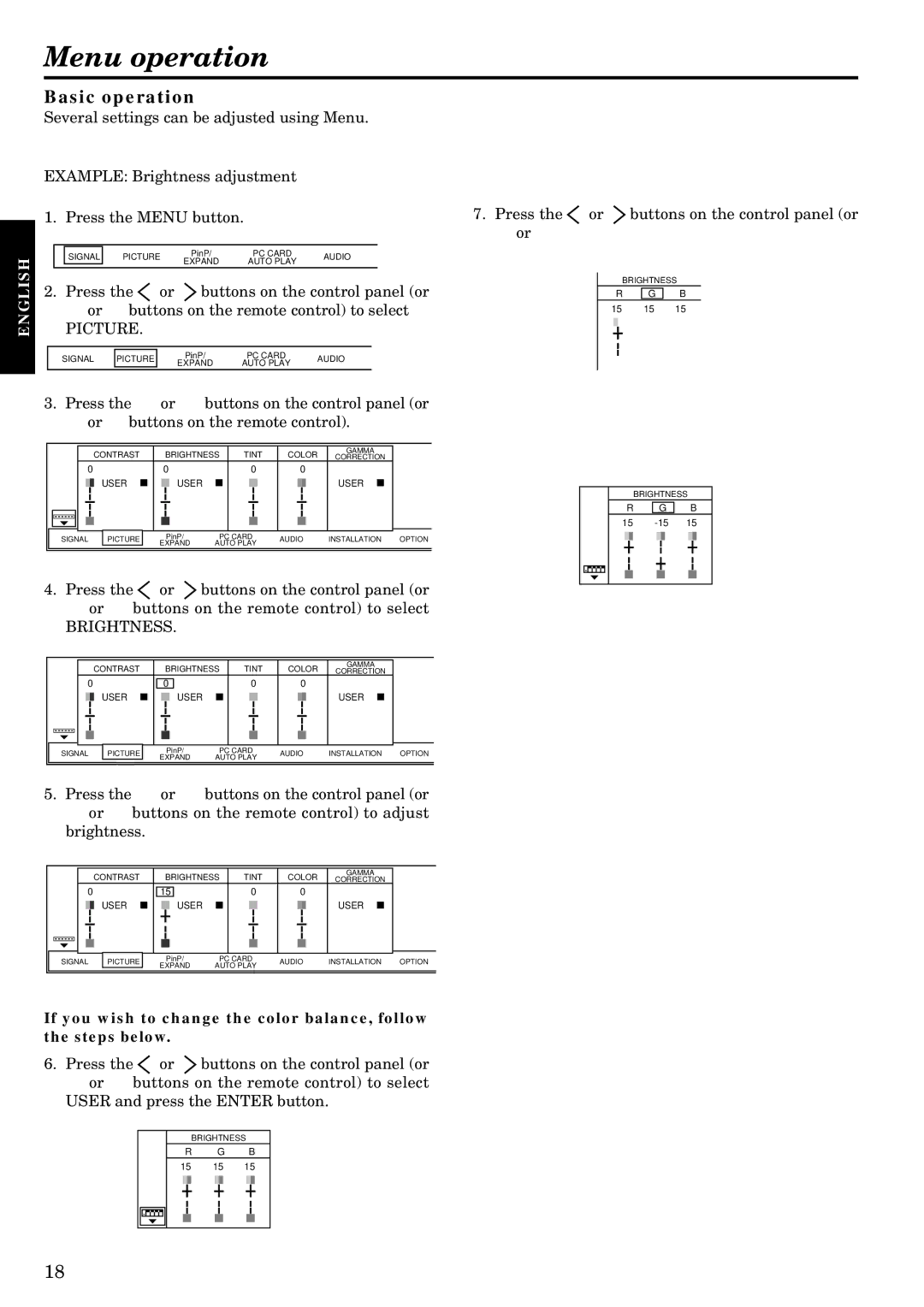 Epson LVP-X200A user manual Menu operation, Basic operation, Picture, Brightness 