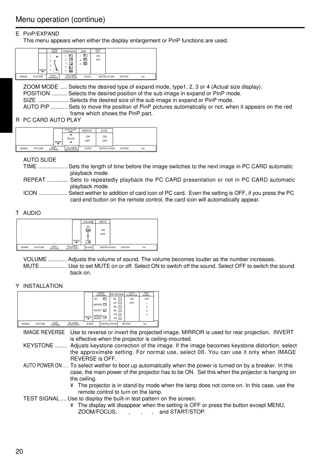 Epson LVP-X200A user manual PinP/EXPAND, PC Card Auto Play, Audio, Installation 