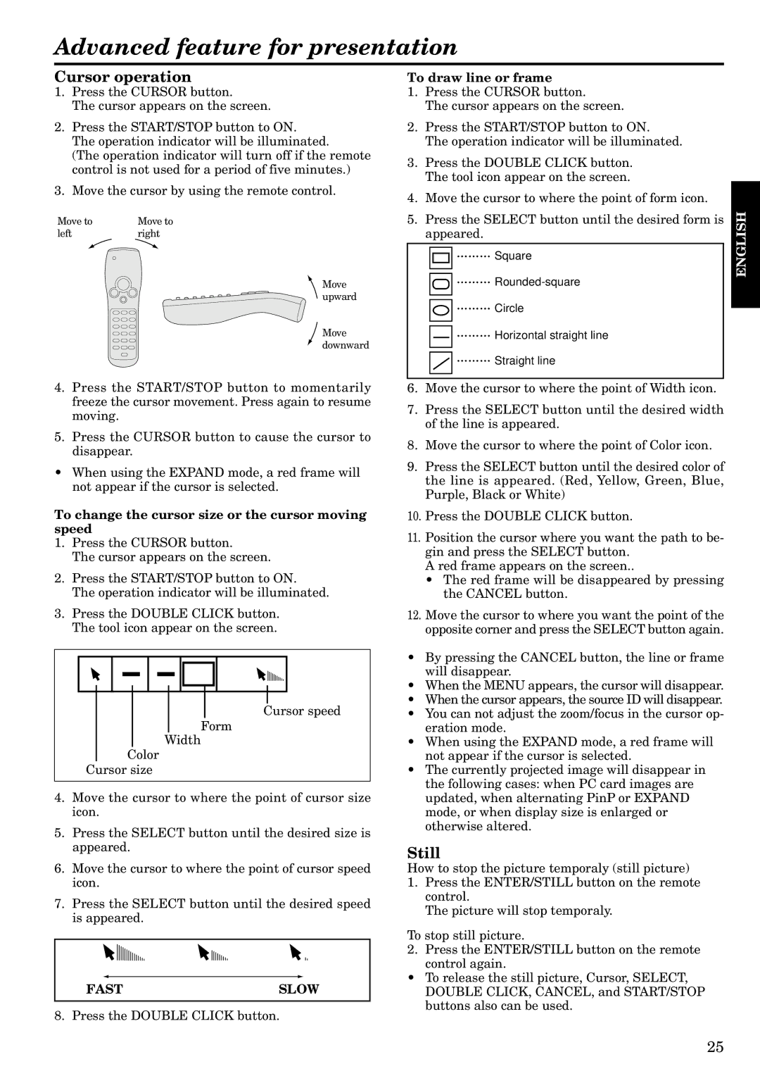 Epson LVP-X200A user manual Advanced feature for presentation, Cursor operation, Still, Fast Slow 