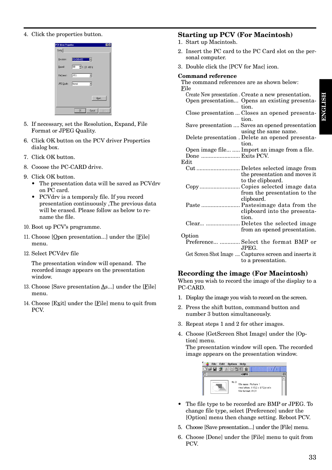 Epson LVP-X200A user manual Starting up PCV For Macintosh, Recording the image For Macintosh, Command reference, Jpeg 