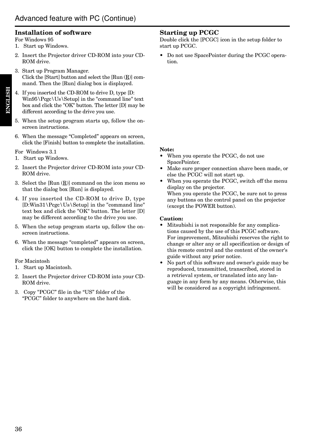 Epson LVP-X200A user manual Installation of software, Starting up Pcgc 