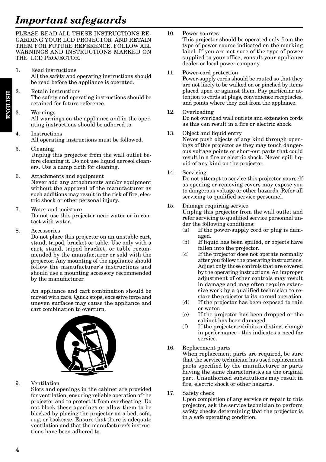 Epson LVP-X200A user manual Important safeguards 