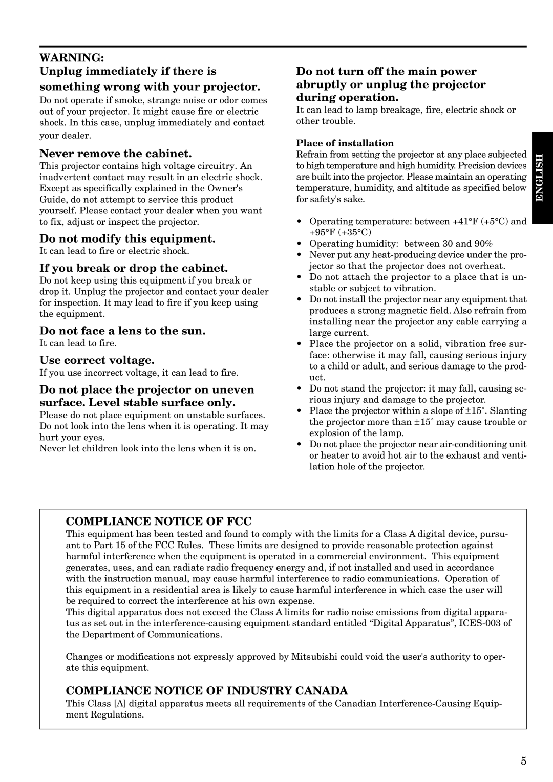 Epson LVP-X200A user manual Never remove the cabinet, Do not modify this equipment, If you break or drop the cabinet 