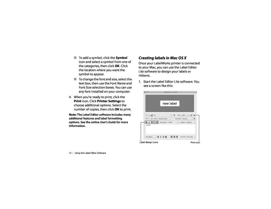 Epson LW-600P quick start Creating labels in Mac OS, Label design icons, 12 | Using the Label Editor Software 