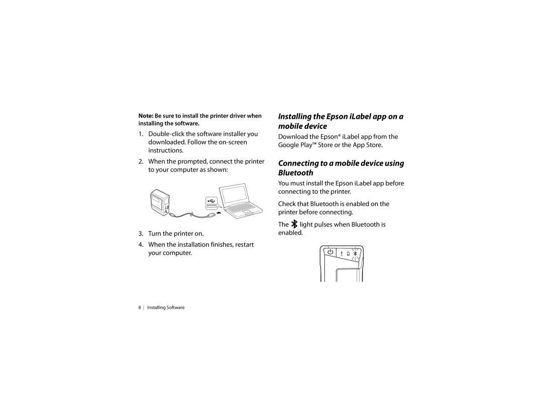 Epson LW-600P quick start Installing the Epson iLabel app on a mobile device, Connecting to a mobile device using Bluetooth 