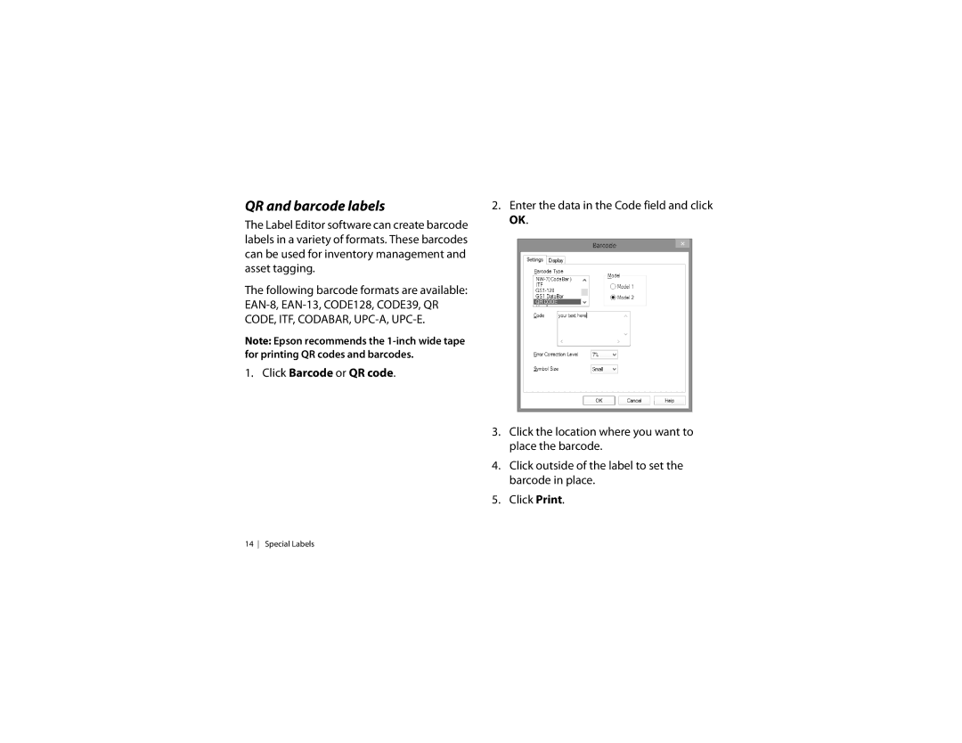 Epson LW-600P quick start QR and barcode labels, Click Barcode or QR code 