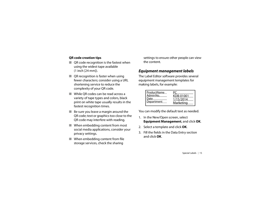 Epson LW-600P quick start Equipment management labels, QR code creation tips 