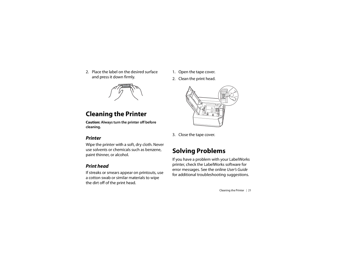 Epson LW-600P quick start Cleaning the Printer, Solving Problems, Print head 