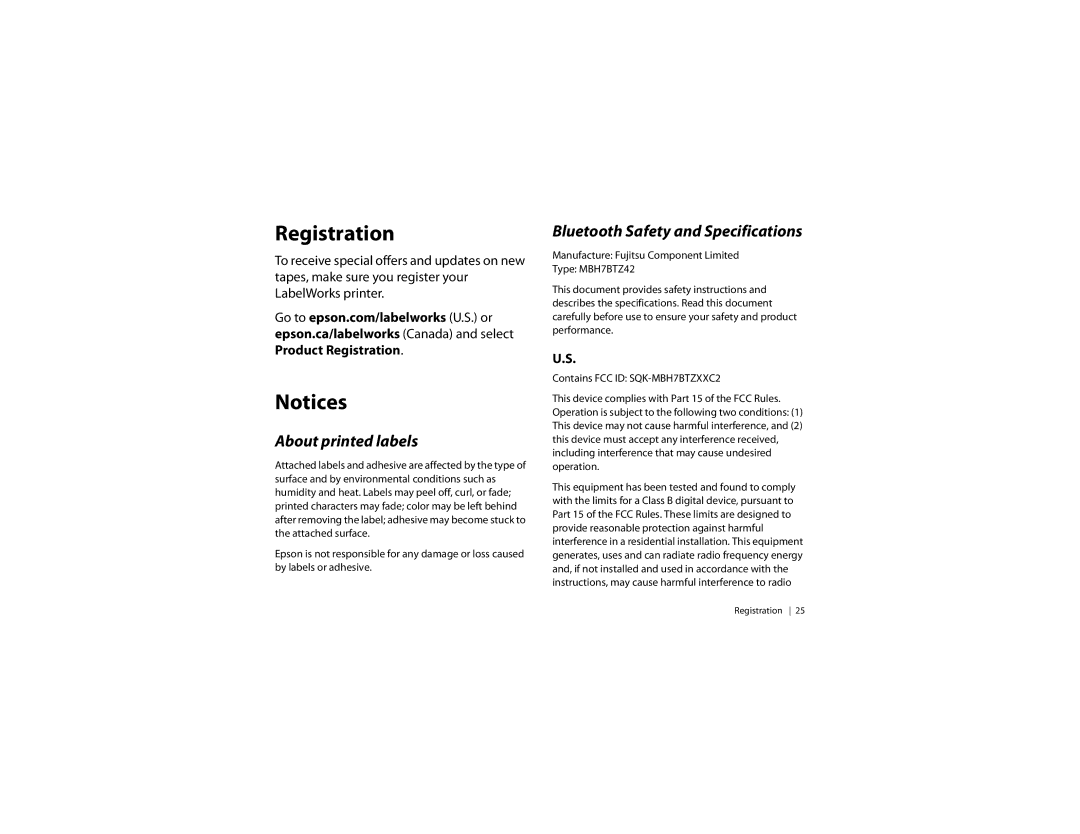 Epson LW-600P quick start Registration, About printed labels, Bluetooth Safety and Specifications 