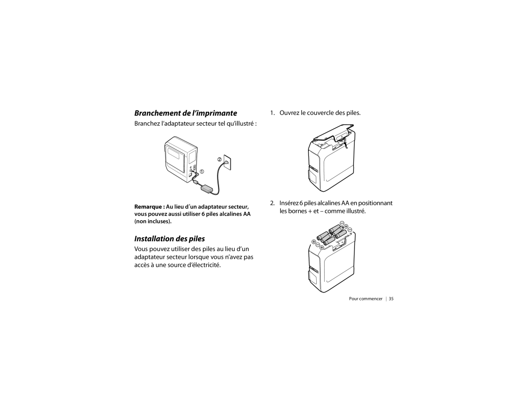 Epson LW-600P quick start Branchement de l’imprimante, Installation des piles 