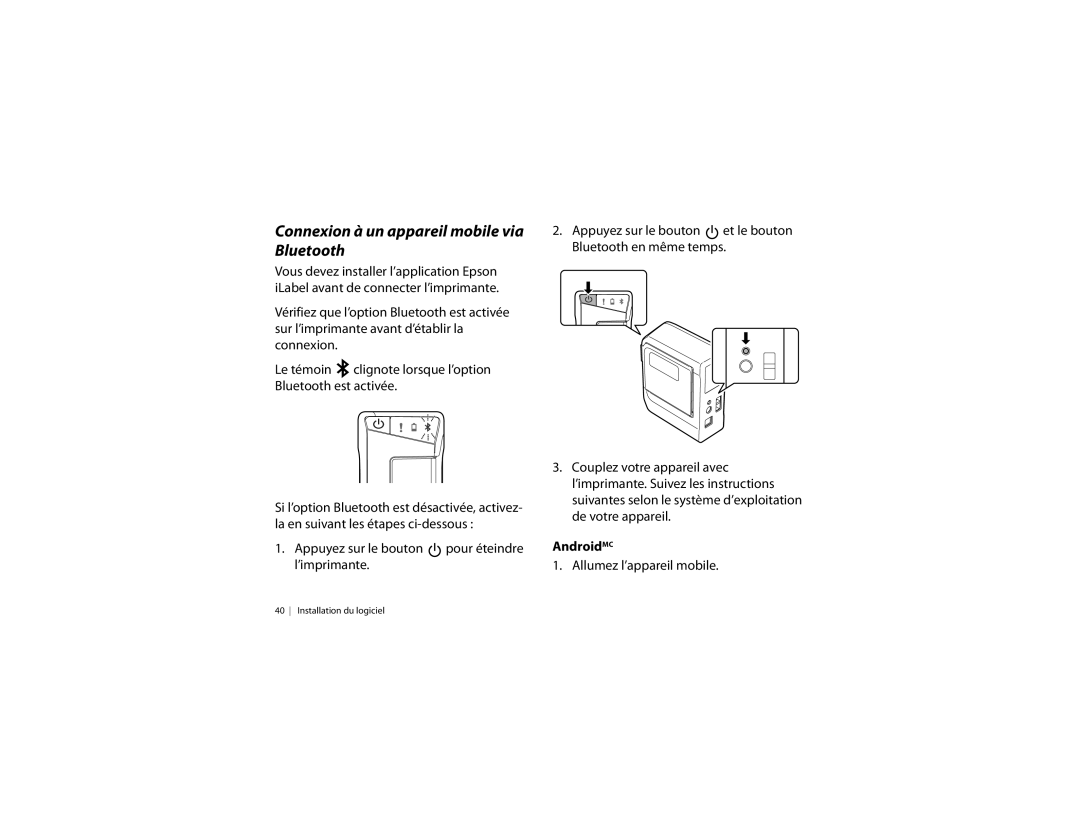 Epson LW-600P quick start Connexion à un appareil mobile via Bluetooth, AndroidMC 