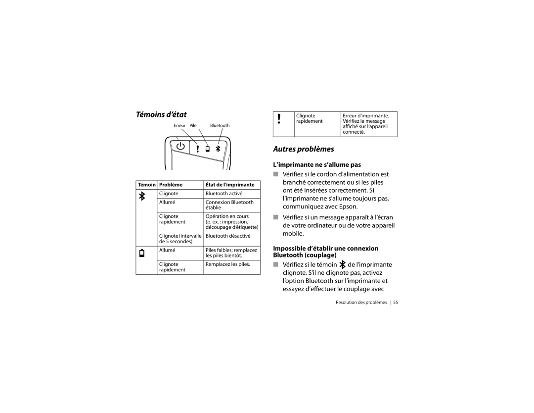 Epson LW-600P quick start Témoins d’état, Autres problèmes, ’imprimante ne s’allume pas 