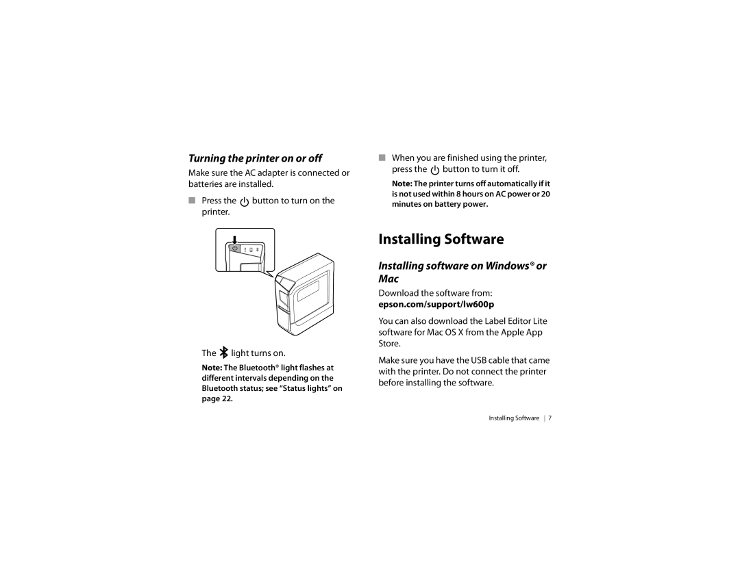 Epson LW-600P quick start Installing Software, Turning the printer on or off, Installing software on Windows or Mac 