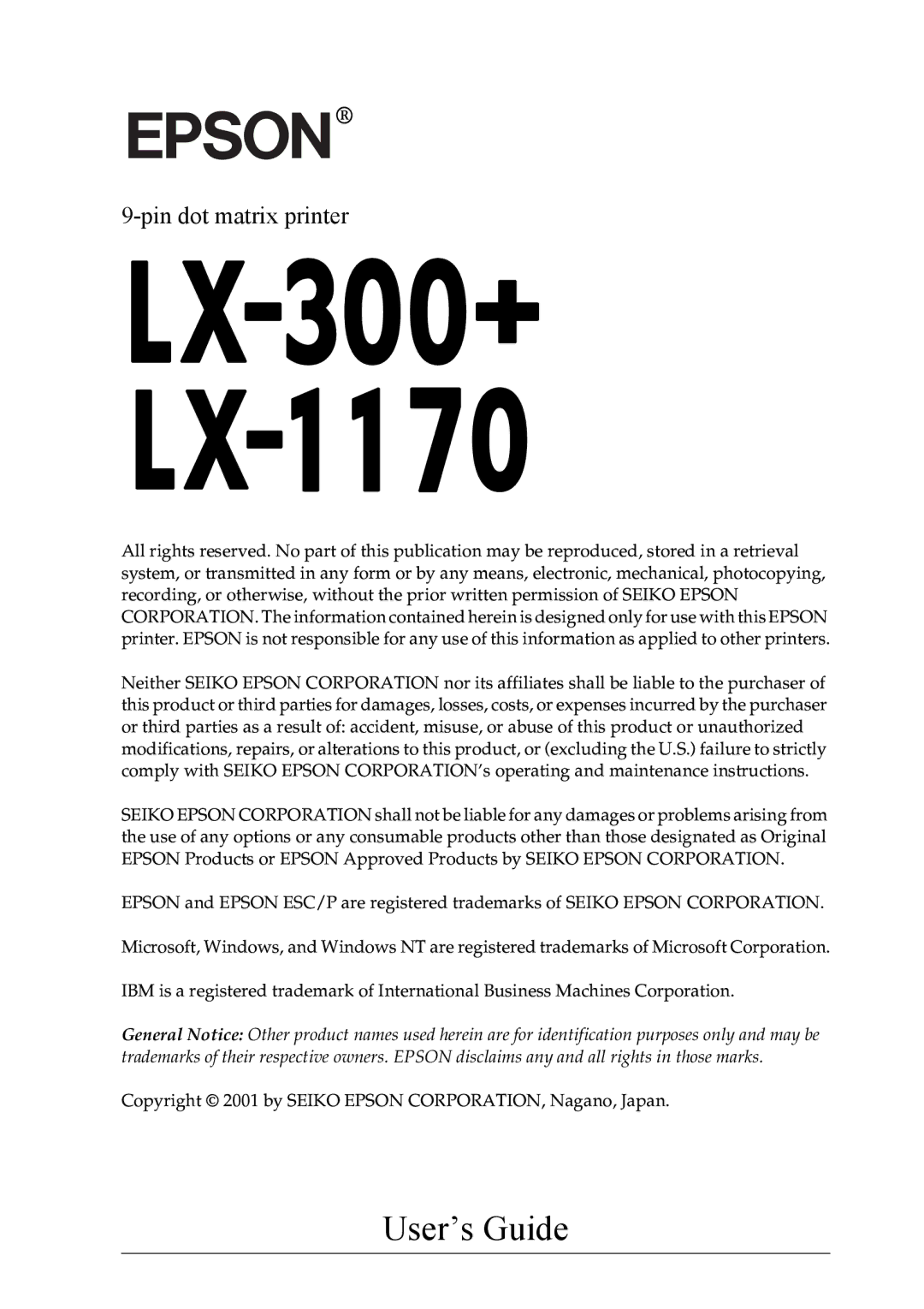 Epson LX-1170 manual User’s Guide 