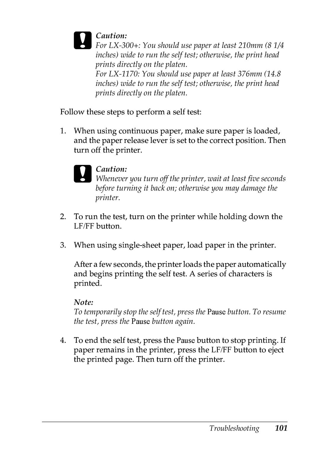 Epson LX-1170 manual Troubleshooting 