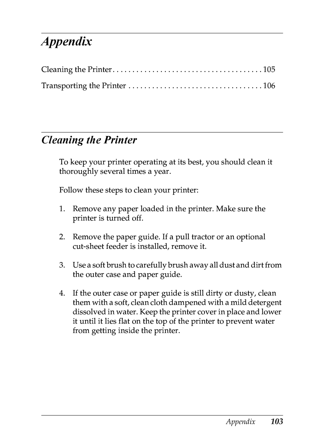 Epson LX-1170 manual Appendix, Cleaning the Printer 