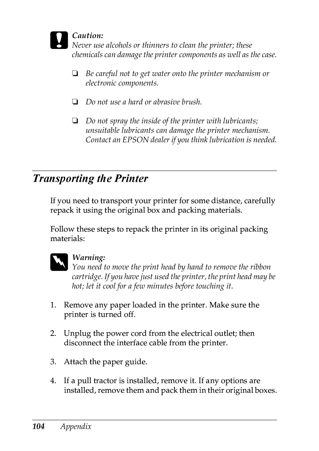 Epson LX-1170 manual Transporting the Printer, Appendix 