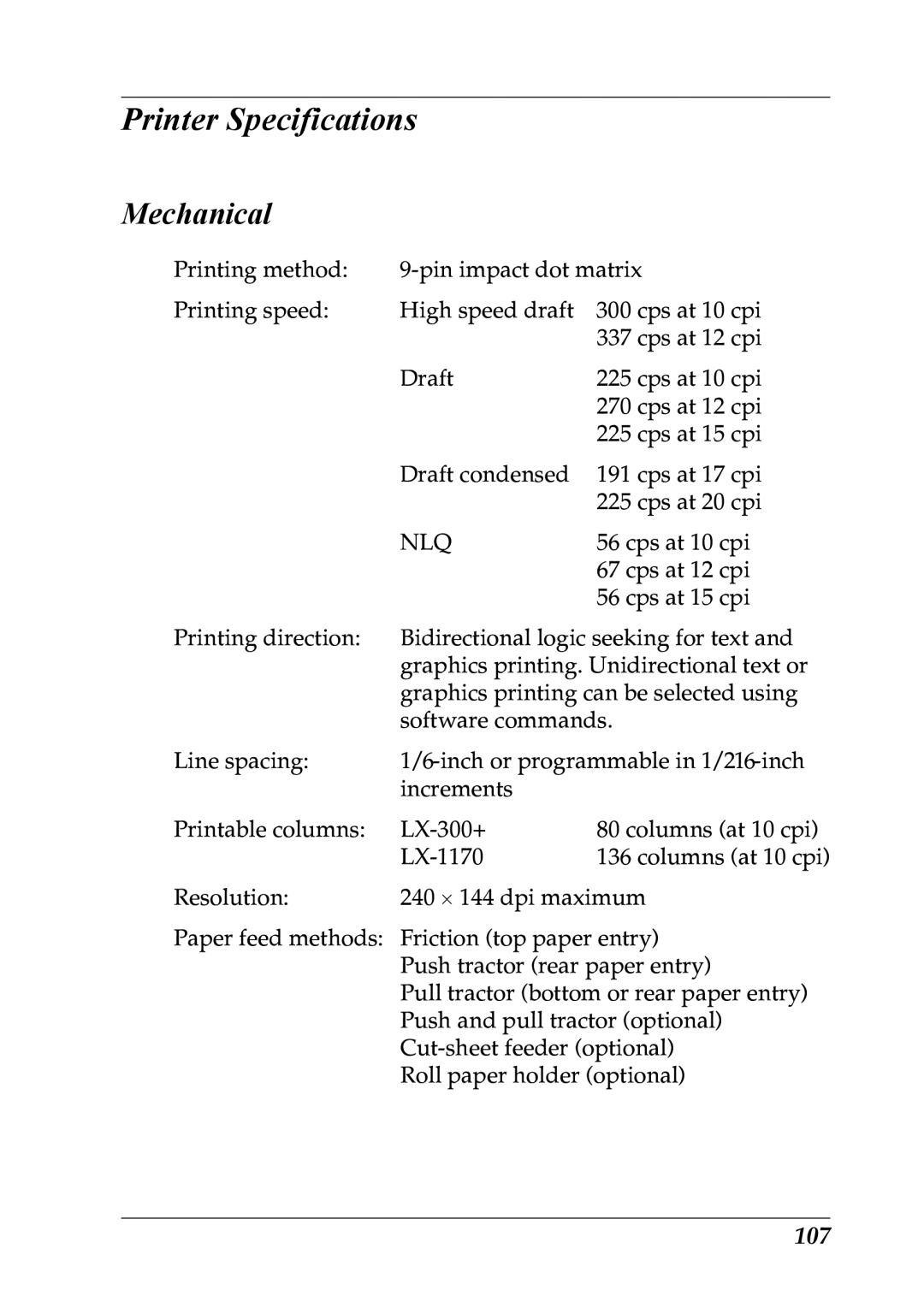 Epson LX-1170 manual Printer Specifications, Mechanical, 107 